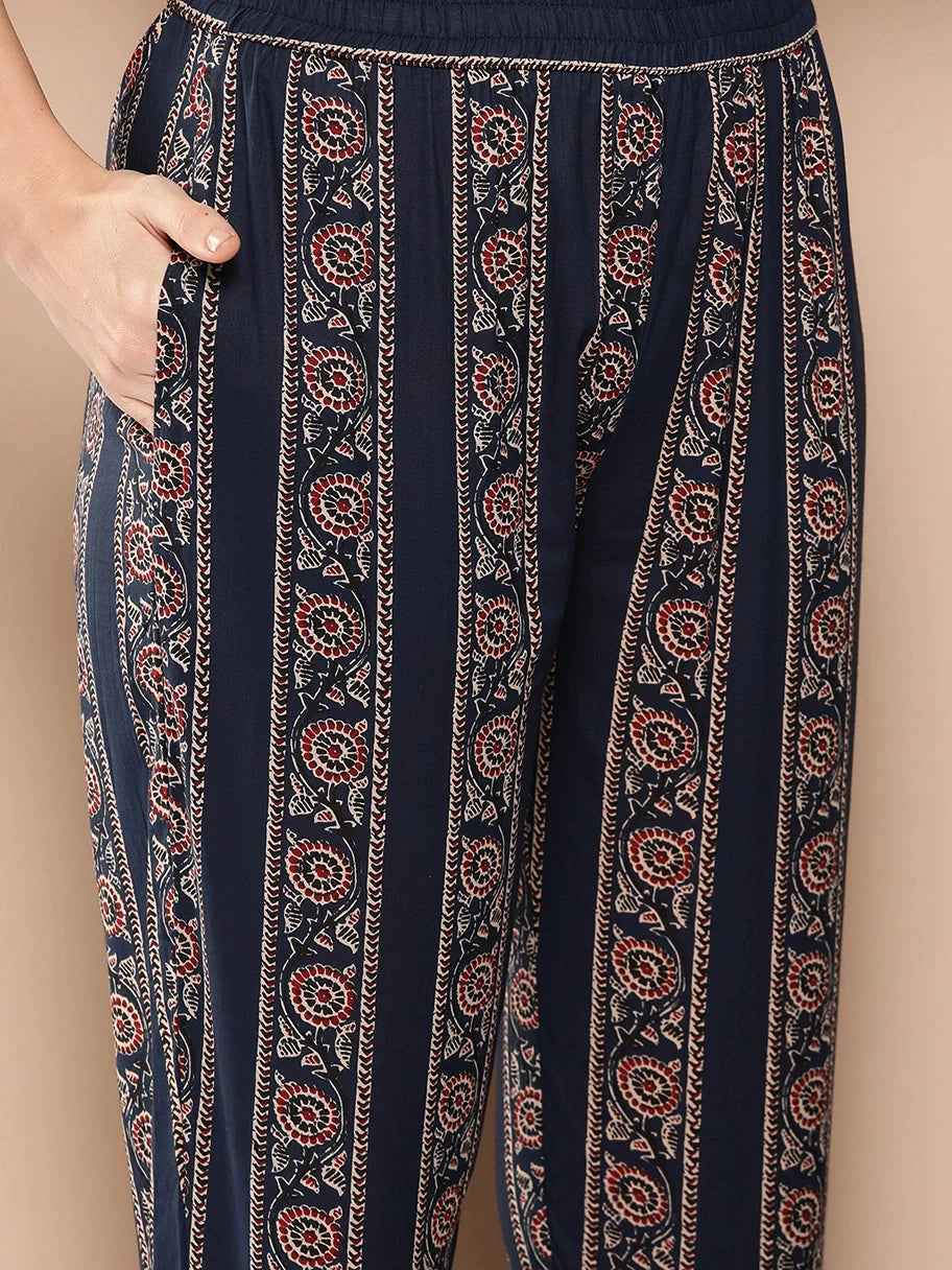 Ethnic Motifs Printed Regular Sequined Cotton Kurta with Trousers Dupatta