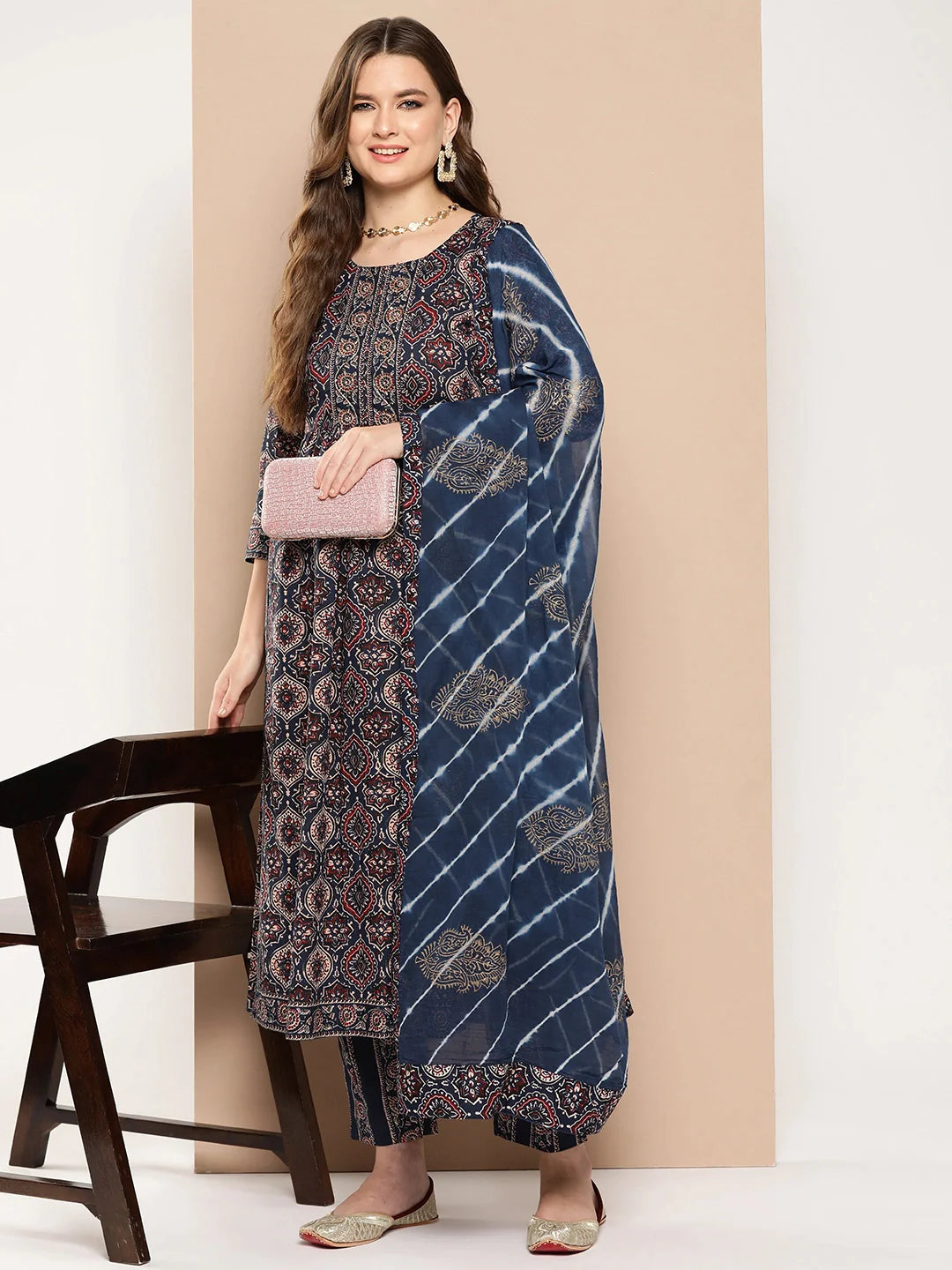 Ethnic Motifs Printed Regular Sequined Cotton Kurta with Trousers Dupatta