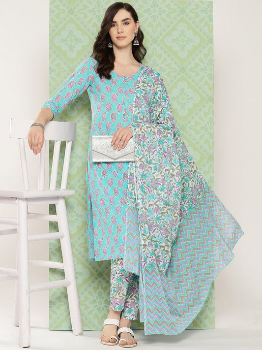 Sea green Paisley Printed Pure Cotton Kurta with Trousers & With Dupatta Set