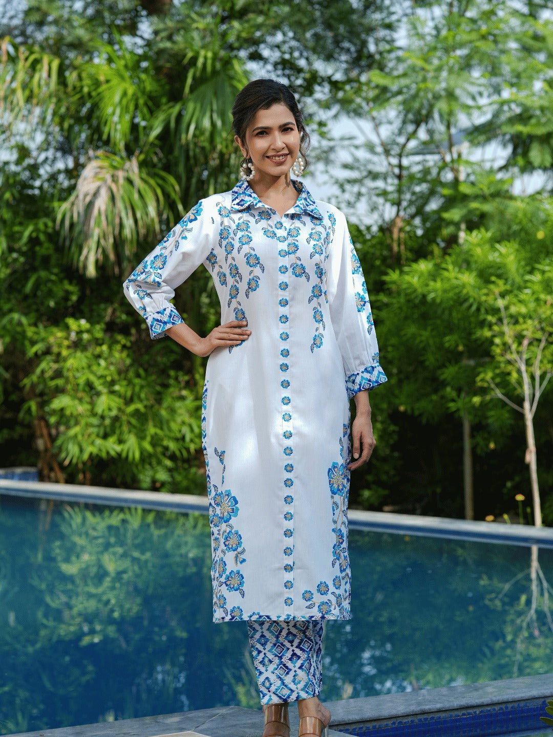 Floral Printed V Neck Puff Sleeves Pure Cotton Kurta With Trousers