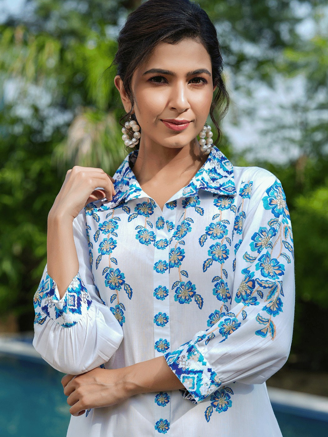 Floral Printed V Neck Puff Sleeves Pure Cotton Kurta With Trousers