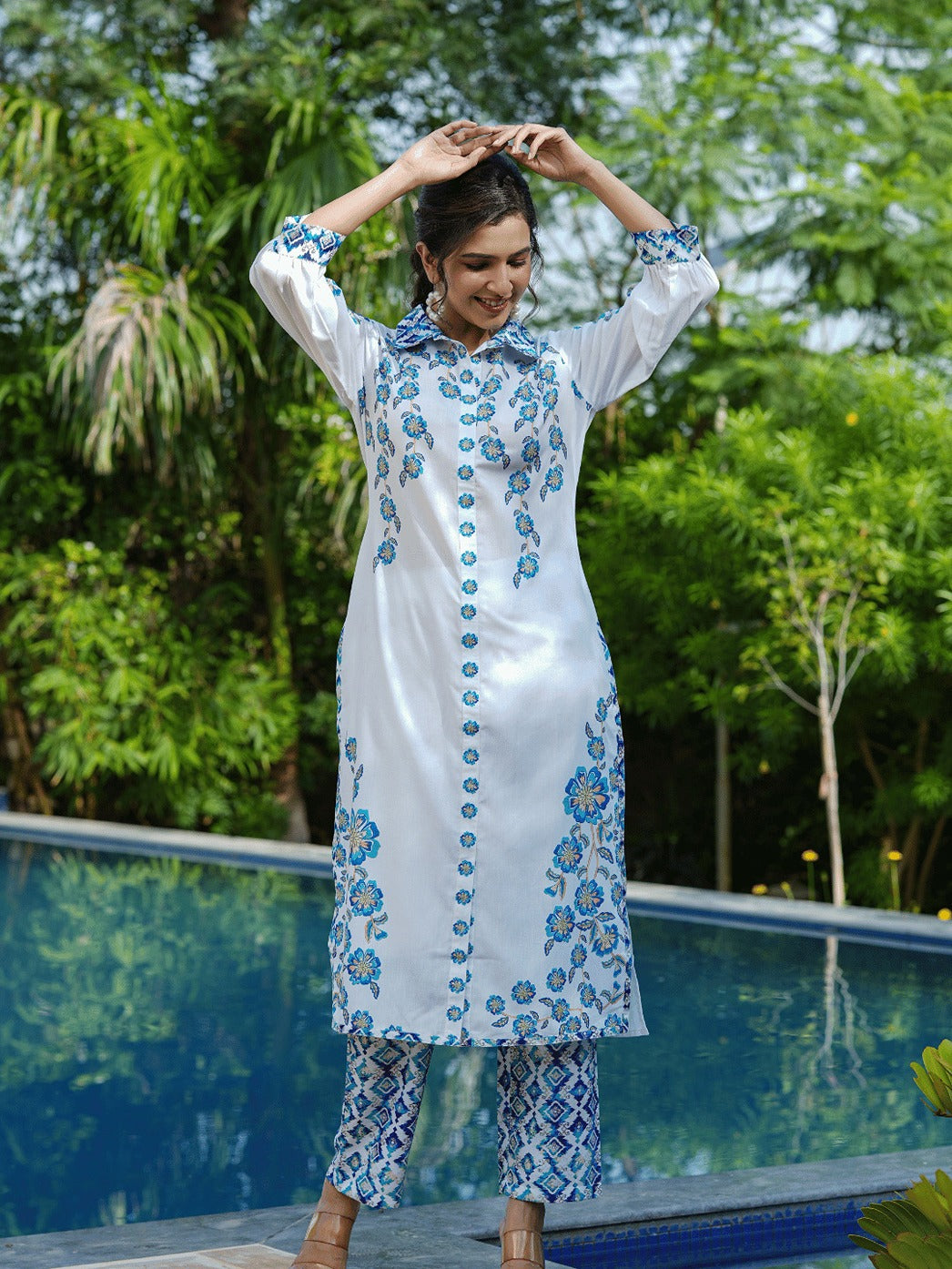 Floral Printed V Neck Puff Sleeves Pure Cotton Kurta With Trousers