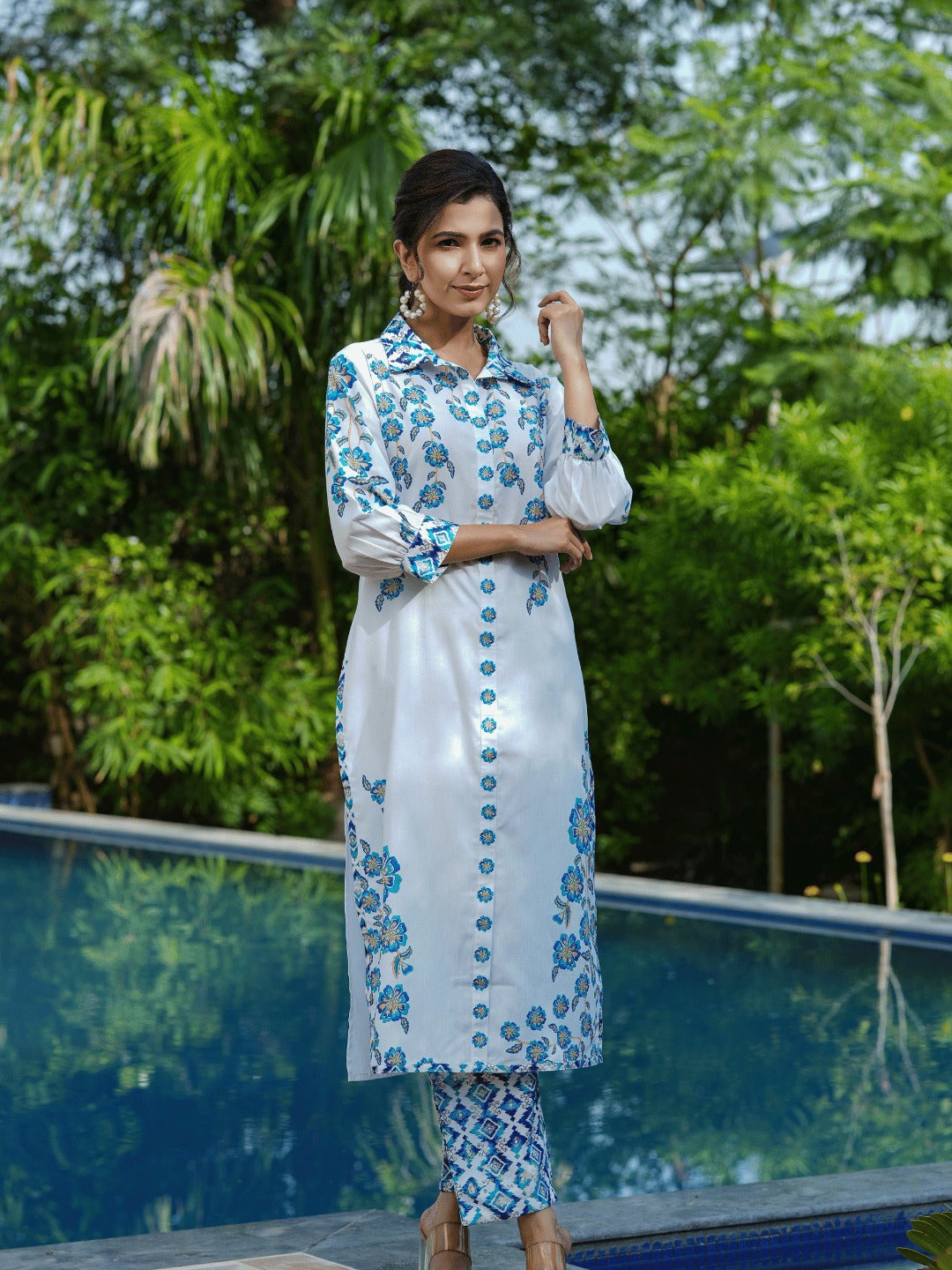 Floral Printed V Neck Puff Sleeves Pure Cotton Kurta With Trousers