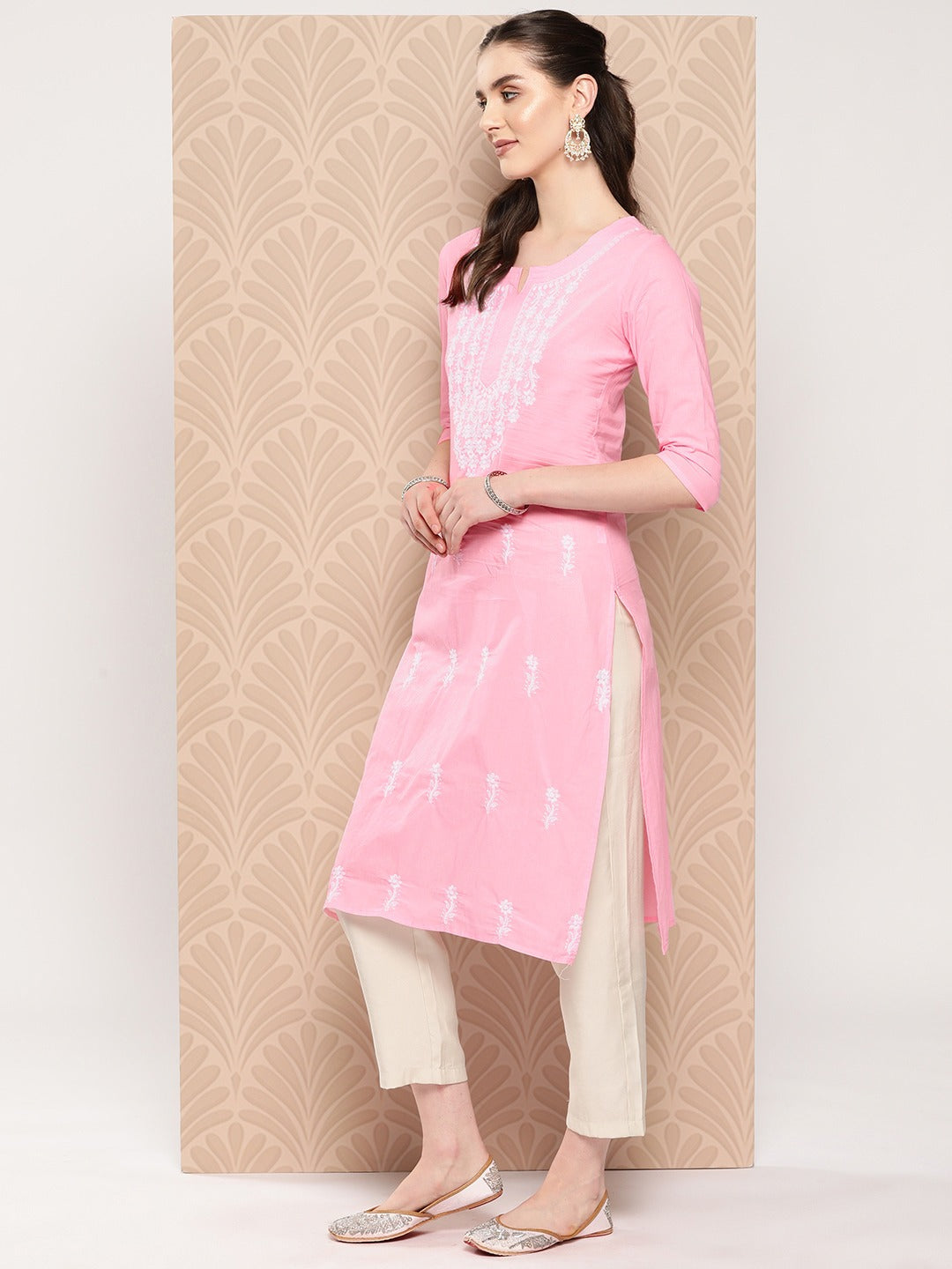 Pink Floral Embroidered Pure Cotton Kurta