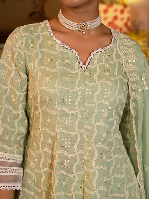 Green Pure Cotton Sequins Work Anarkali Kurta Trouser With Dupatta Set-Store