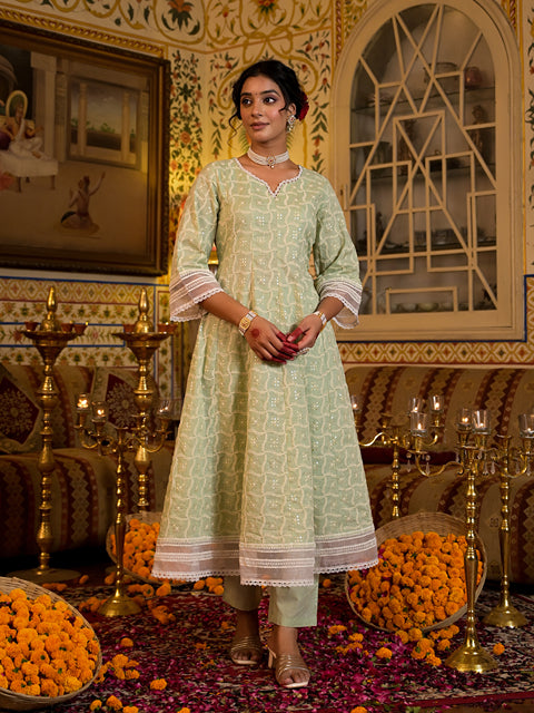 Green Pure Cotton Sequins Work Anarkali Kurta Trouser With Dupatta Set-Store