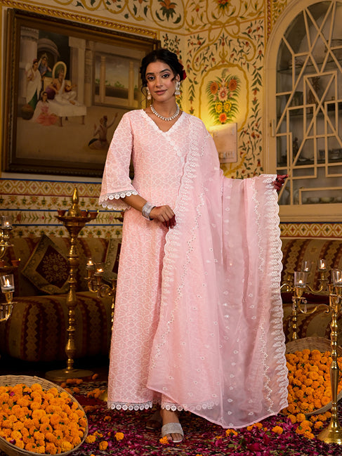 Pink Pure Cotton Angrakha Anarkali Kurta Trouser With Dupatta Set-Store