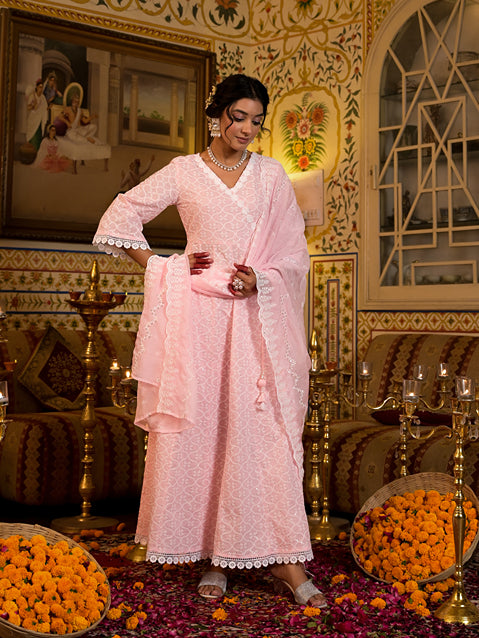 Pink Pure Cotton Angrakha Anarkali Kurta Trouser With Dupatta Set-Store