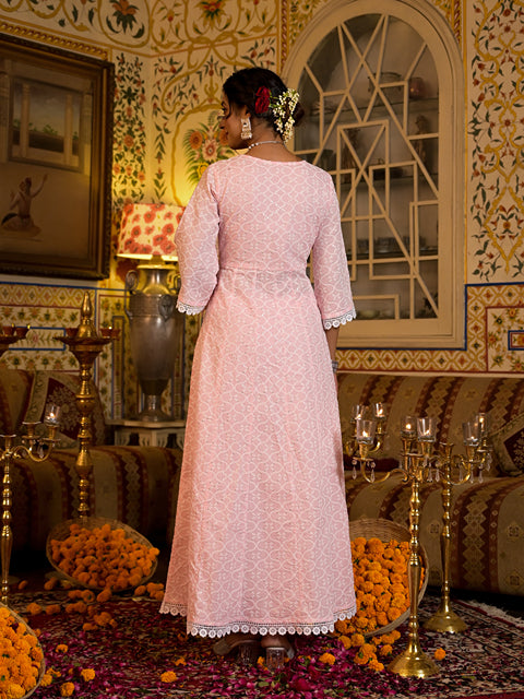 Pink Pure Cotton Angrakha Anarkali Kurta Trouser With Dupatta Set-Store