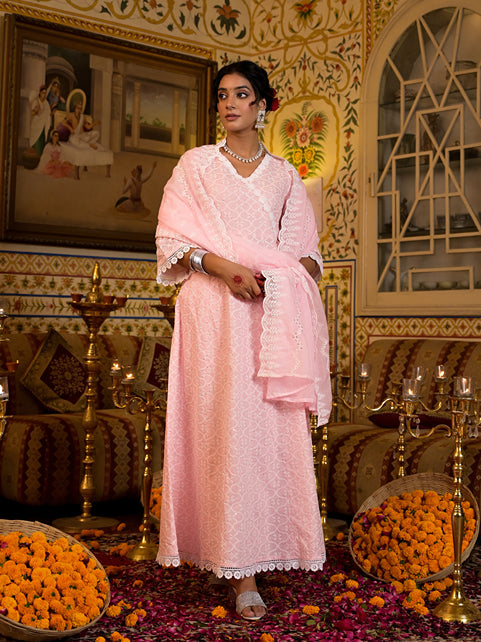 Pink Pure Cotton Angrakha Anarkali Kurta Trouser With Dupatta Set-Store