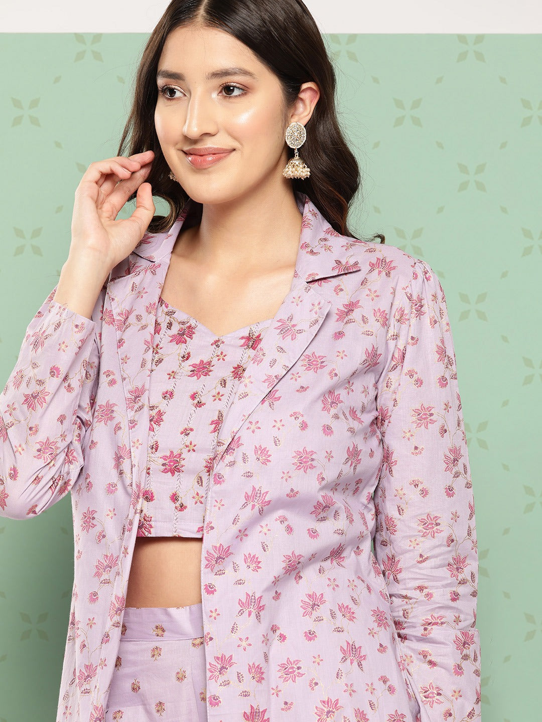 Women Printed Cotton Top with Trousers with Shrug