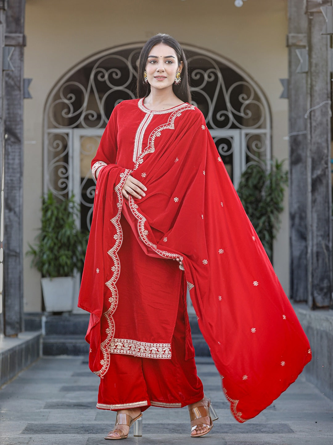 Red Zari Work Velvet Straight Kurta Palazzo Dupatta Set-Store