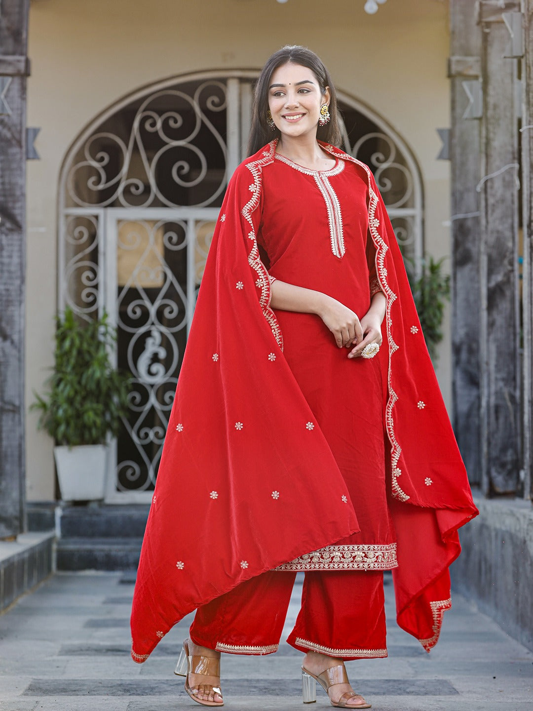 Red Zari Work Velvet Straight Kurta Palazzo Dupatta Set-Store