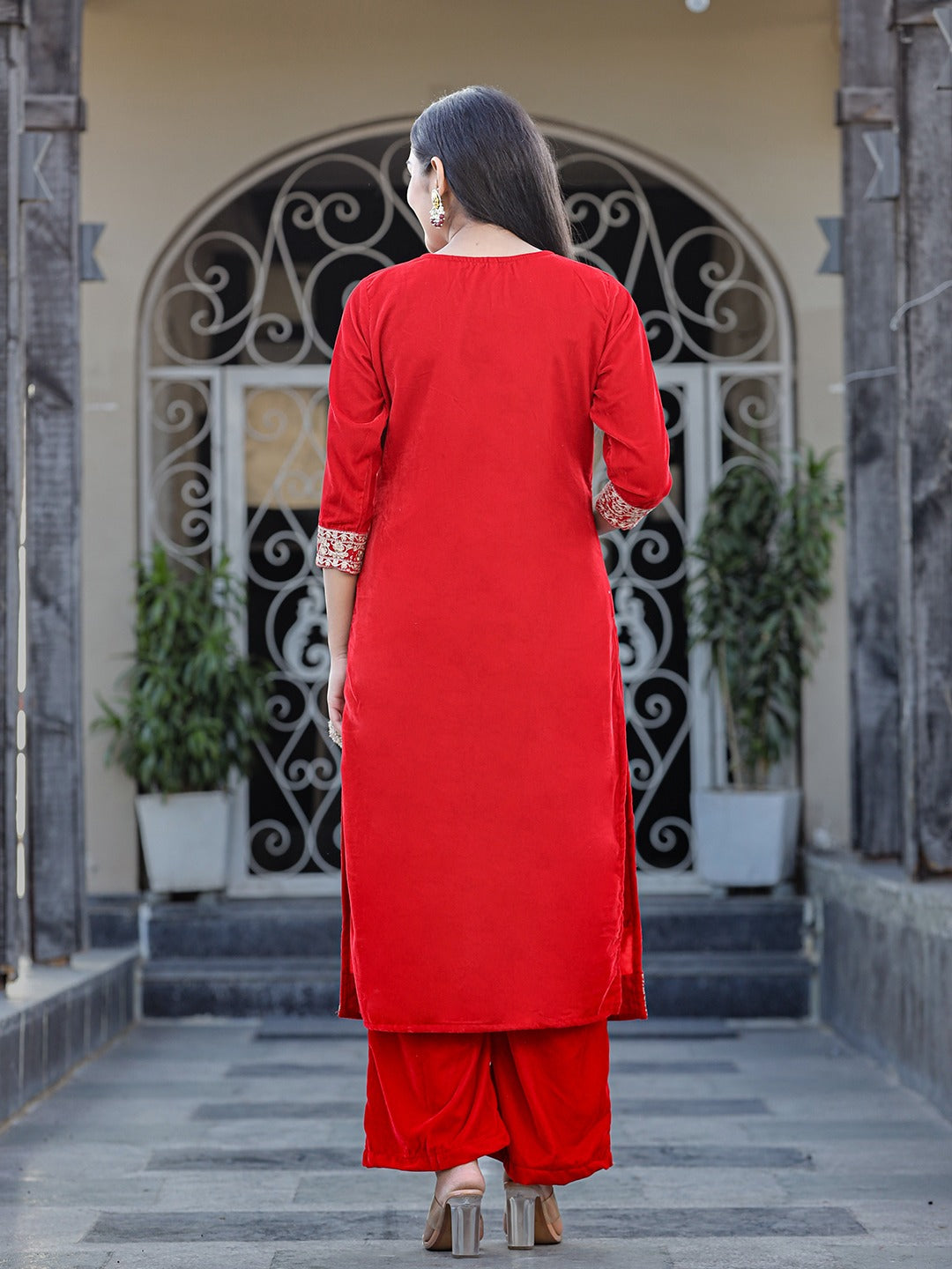 Red Zari Work Velvet Straight Kurta Palazzo Dupatta Set-Store