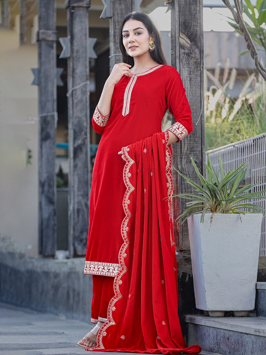 Red Zari Work Velvet Straight Kurta Palazzo Dupatta Set-Store