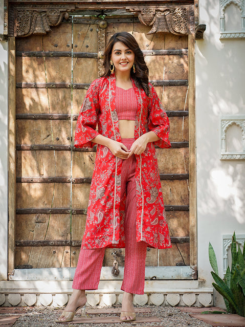 Muslin Red Co-ord Set With Crop Top And Pant-Store
