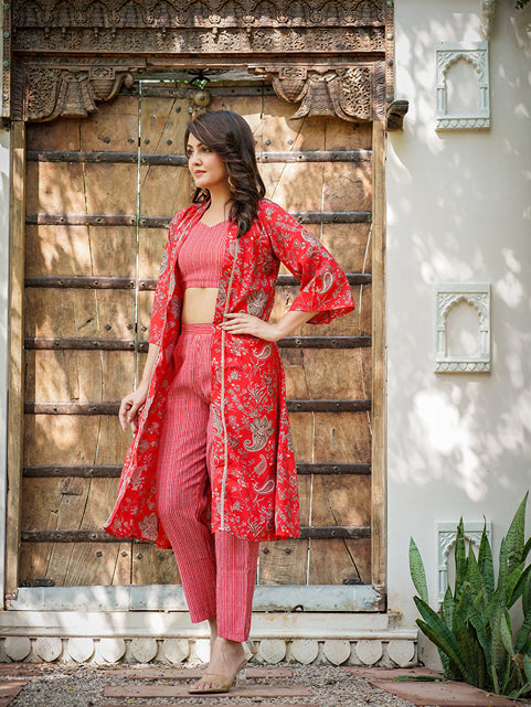 Muslin Red Co-ord Set With Crop Top And Pant-Store