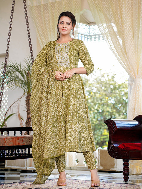 Green Ethnic Motifs Printed Regular Thread Work Pure Cotton Kurta with Trousers & With Dupatta-Store