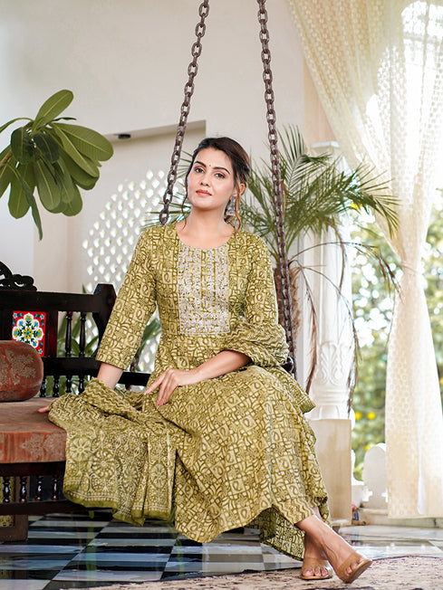 Green Ethnic Motifs Printed Regular Thread Work Pure Cotton Kurta with Trousers & With Dupatta-Store