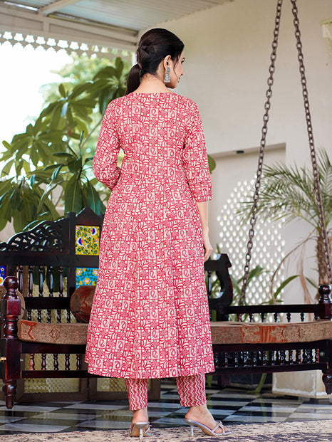 Red Ethnic Motifs Printed Regular Thread Work Pure Cotton Kurta with Trousers & With Dupatta-Store