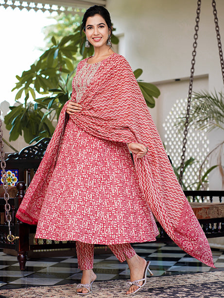 Red Ethnic Motifs Printed Regular Thread Work Pure Cotton Kurta with Trousers & With Dupatta-Store