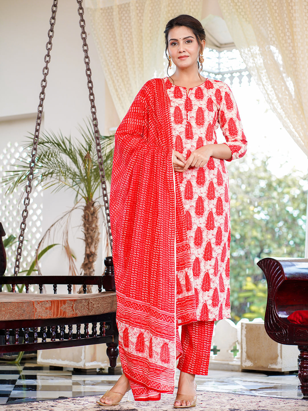 Red Pure cotton Straight Kurta Trouser And Suit Sets Set