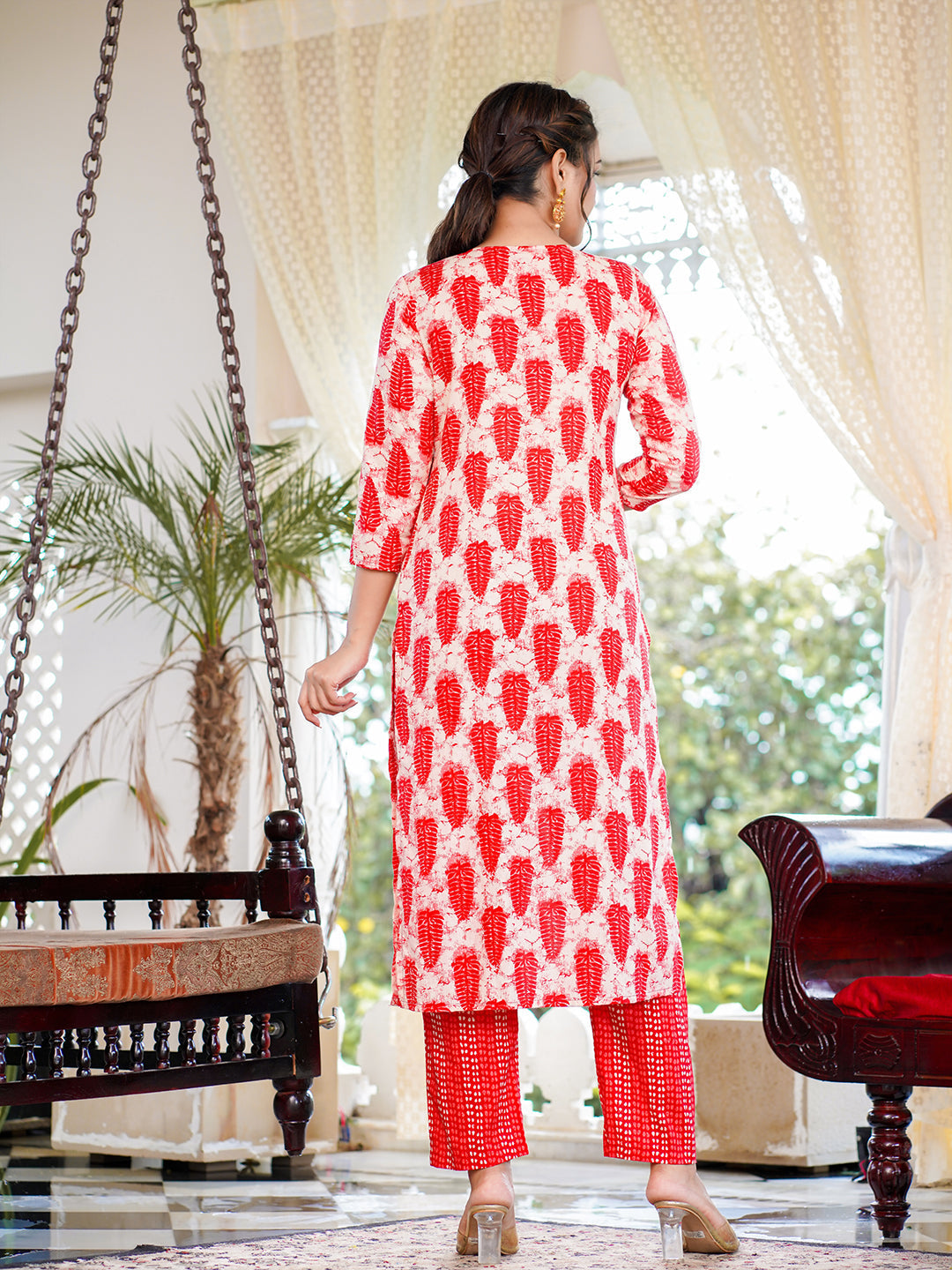 Red Pure cotton Straight Kurta Trouser And Suit Sets Set