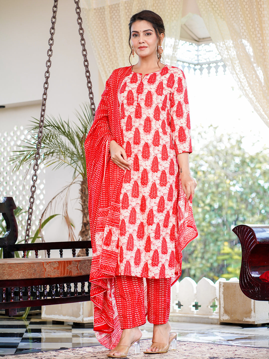 Red Pure cotton Straight Kurta Trouser And Suit Sets Set