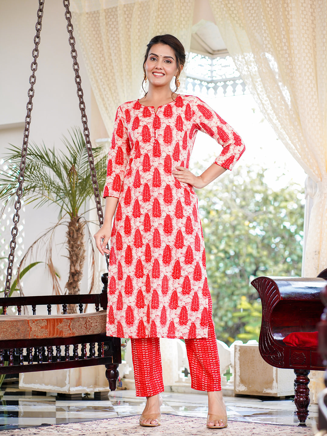 Red Pure cotton Straight Kurta Trouser And Suit Sets Set