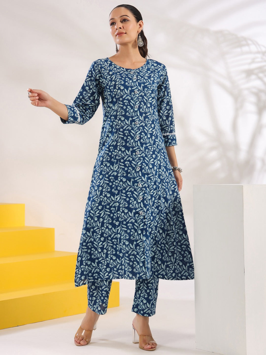 Women Blue Pure Cotton Floral Print A Line Kurta Trouser Set