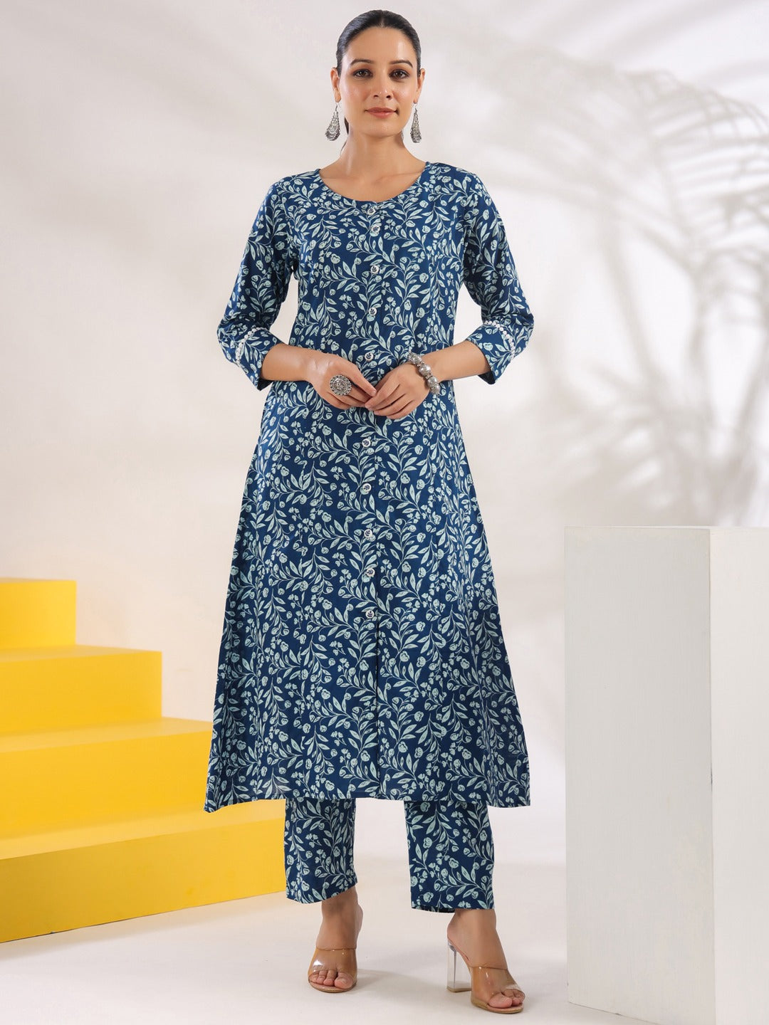 Women Blue Pure Cotton Floral Print A Line Kurta Trouser Set