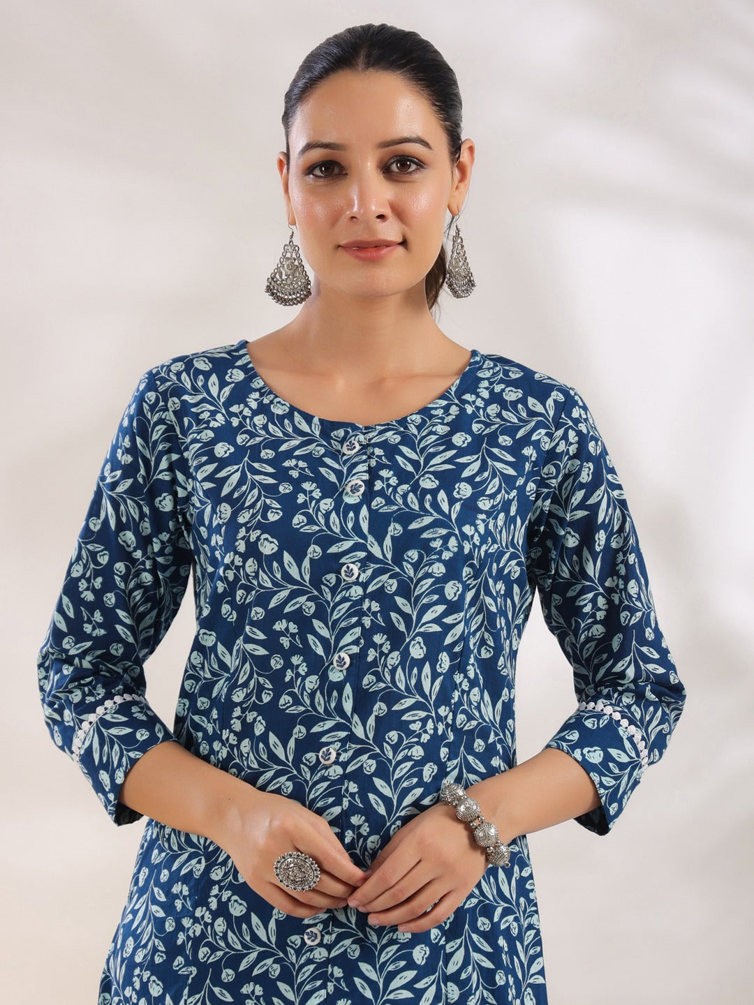 Women Blue Pure Cotton Floral Print A Line Kurta Trouser Set