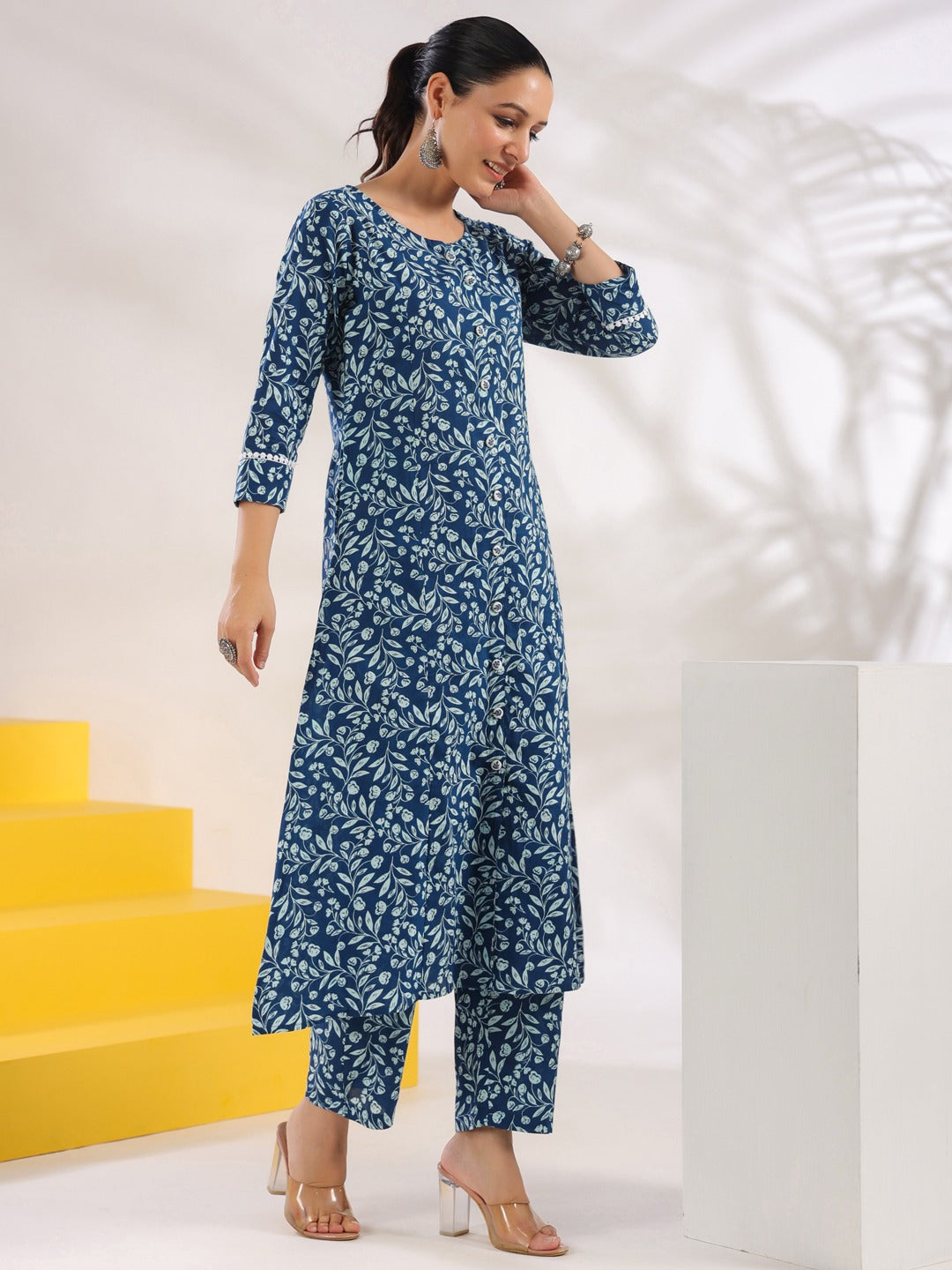 Women Blue Pure Cotton Floral Print A Line Kurta Trouser Set