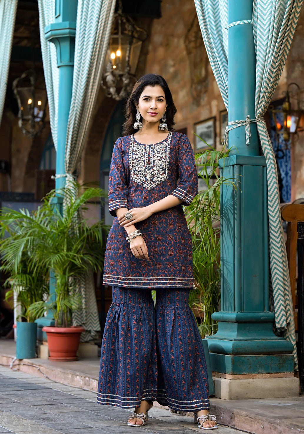 Women Indigo Blue Ethnic Motifs Dori Embroidery Kurta Sharara With Dupatta Set