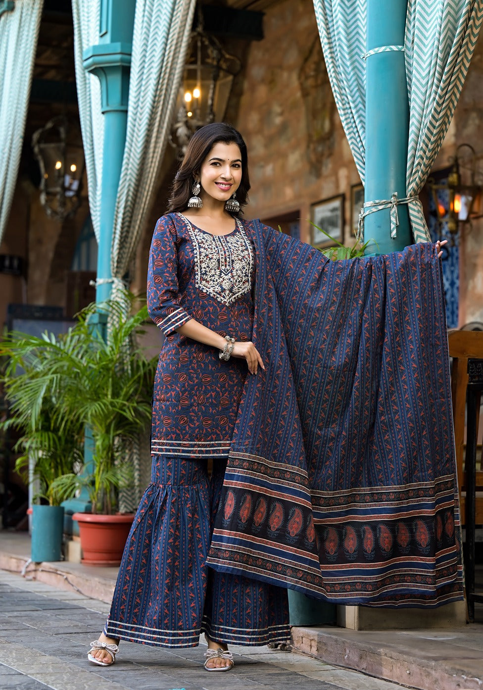 Women Indigo Blue Ethnic Motifs Dori Embroidery Kurta Sharara With Dupatta Set