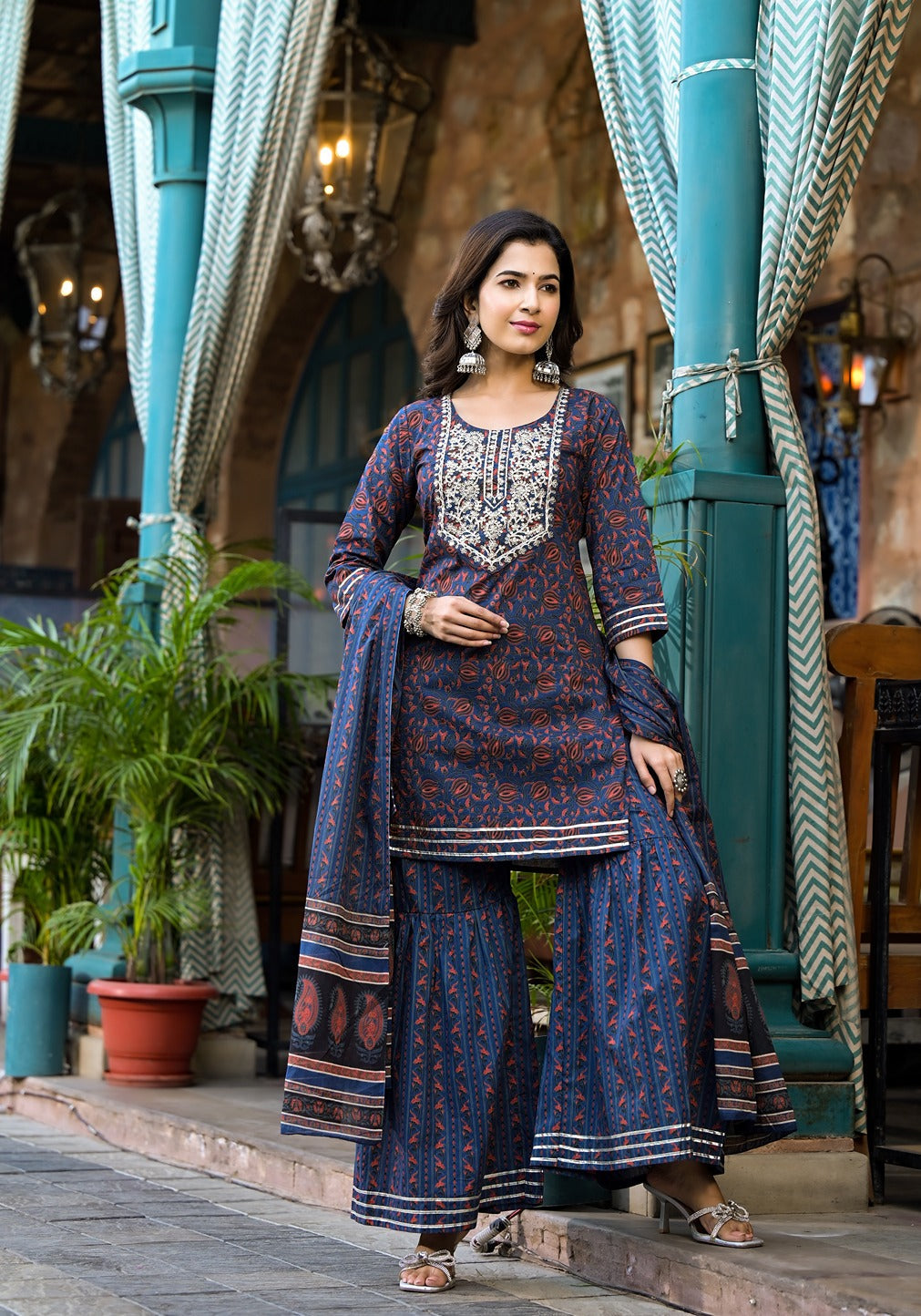 Women Indigo Blue Ethnic Motifs Dori Embroidery Kurta Sharara With Dupatta Set