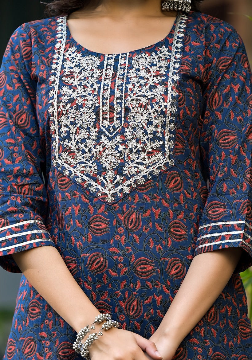 Women Indigo Blue Ethnic Motifs Dori Embroidery Kurta Sharara With Dupatta Set