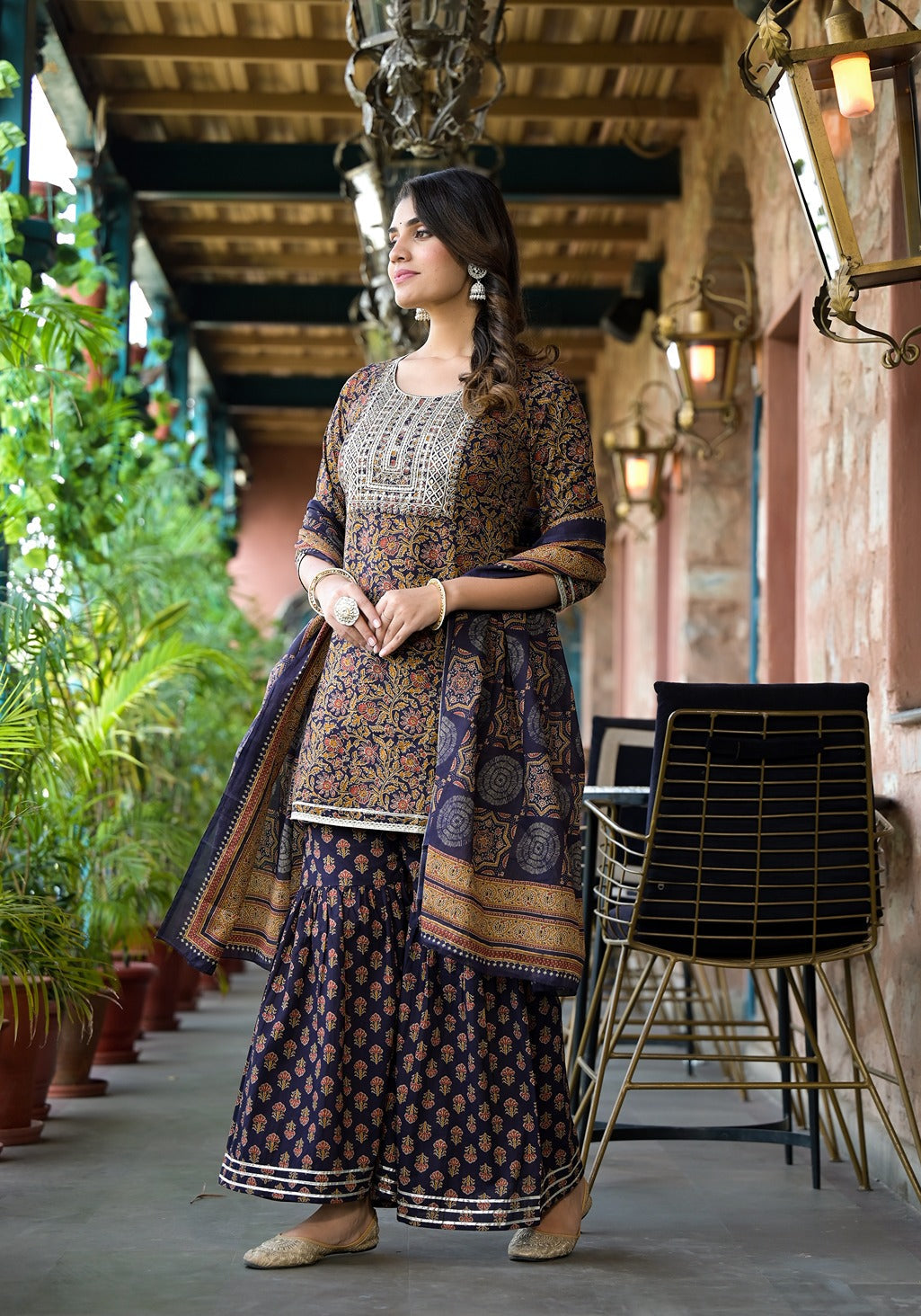 Women Rust And Navy Blue Floral Zari Work Kurta Sharara With Dupatta Set