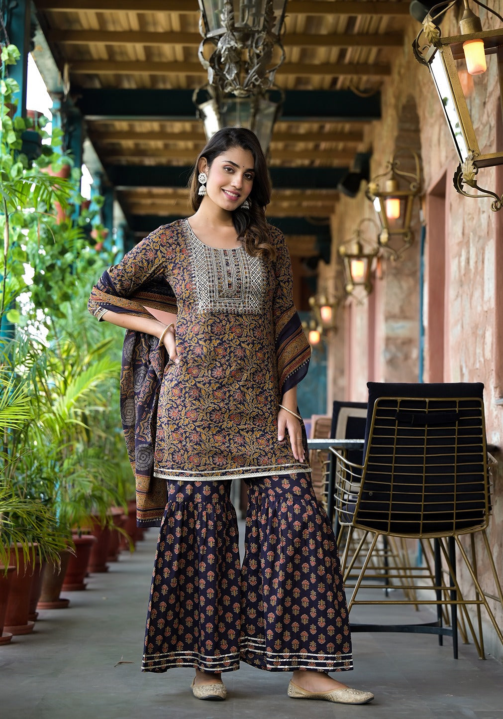 Women Rust And Navy Blue Floral Zari Work Kurta Sharara With Dupatta Set