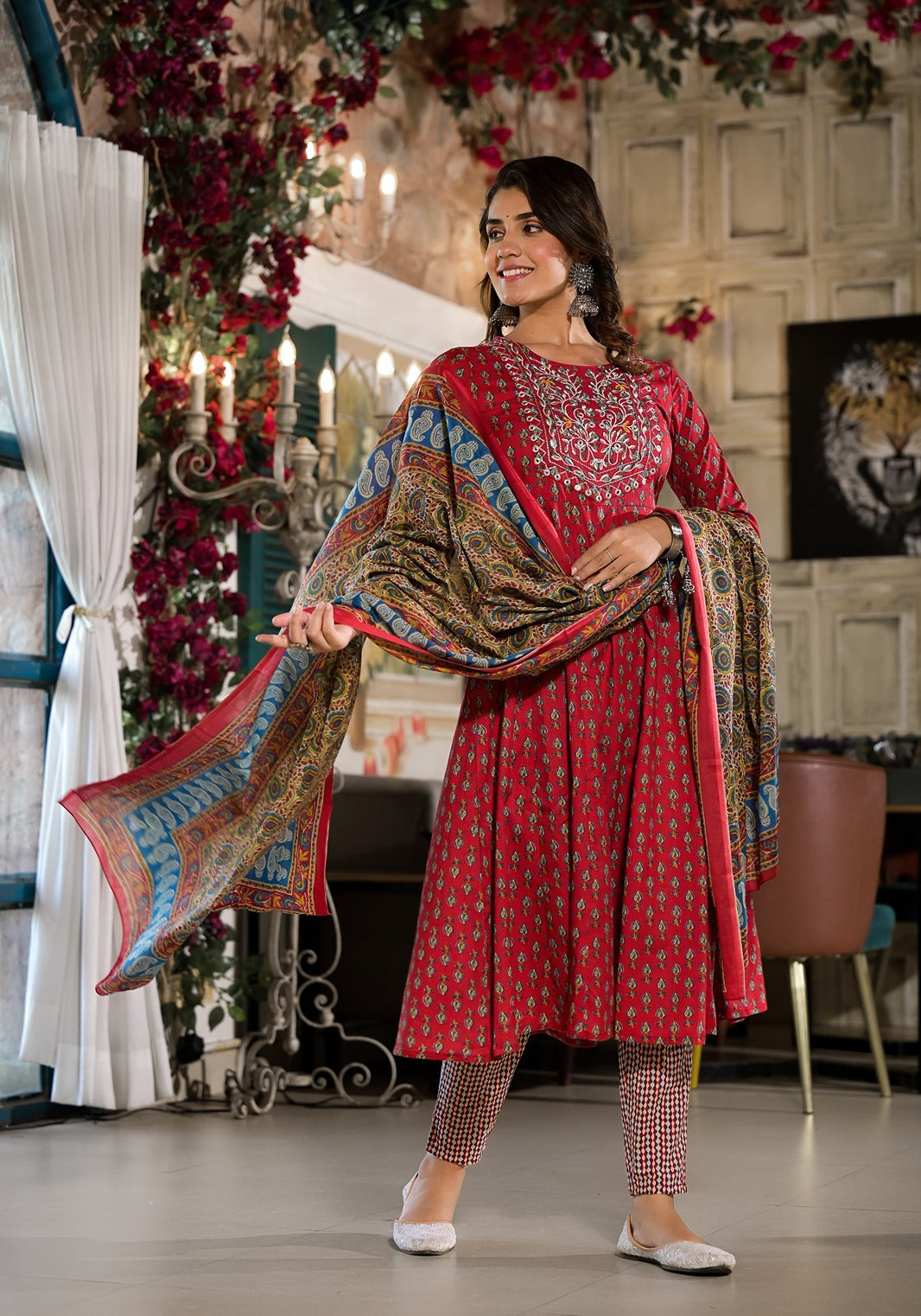 Women Red Pure Cotton Anarkali Zari Work Kurta Trouser With Dupatta Set