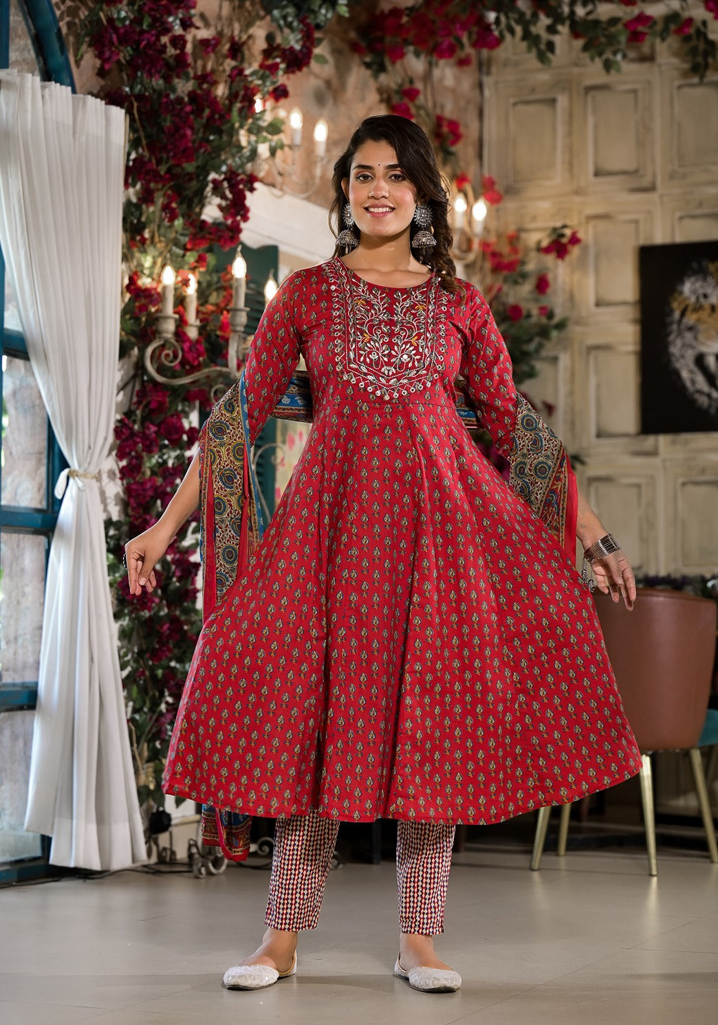 Women Red Pure Cotton Anarkali Zari Work Kurta Trouser With Dupatta Set