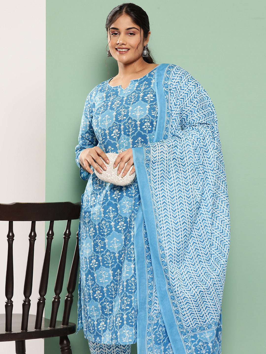 Plus Size Floral Printed Regular Pure Cotton Kurta with Trousers & Dupatta