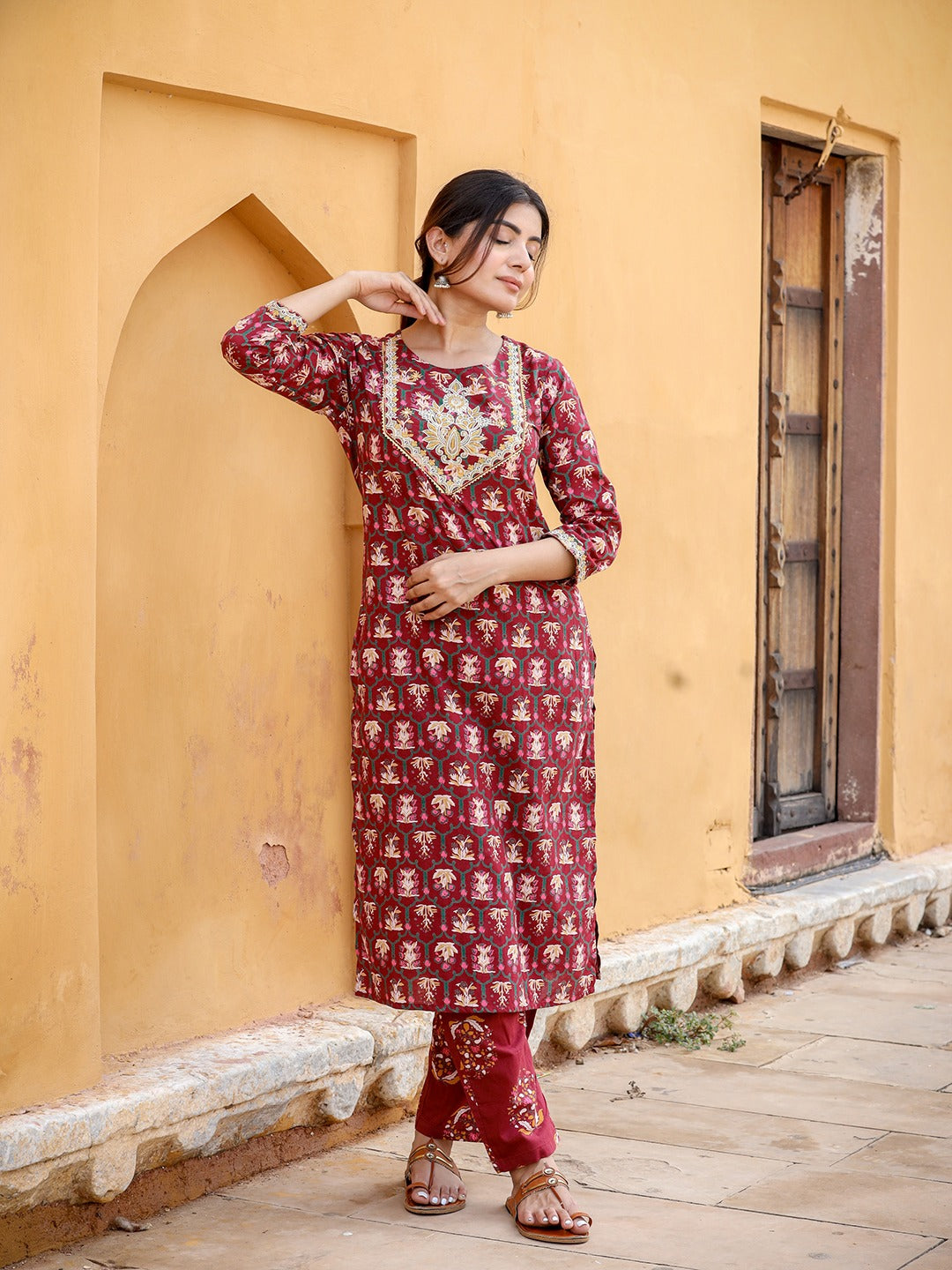 Maroon Ethnic Motifs Printed Kurta Set