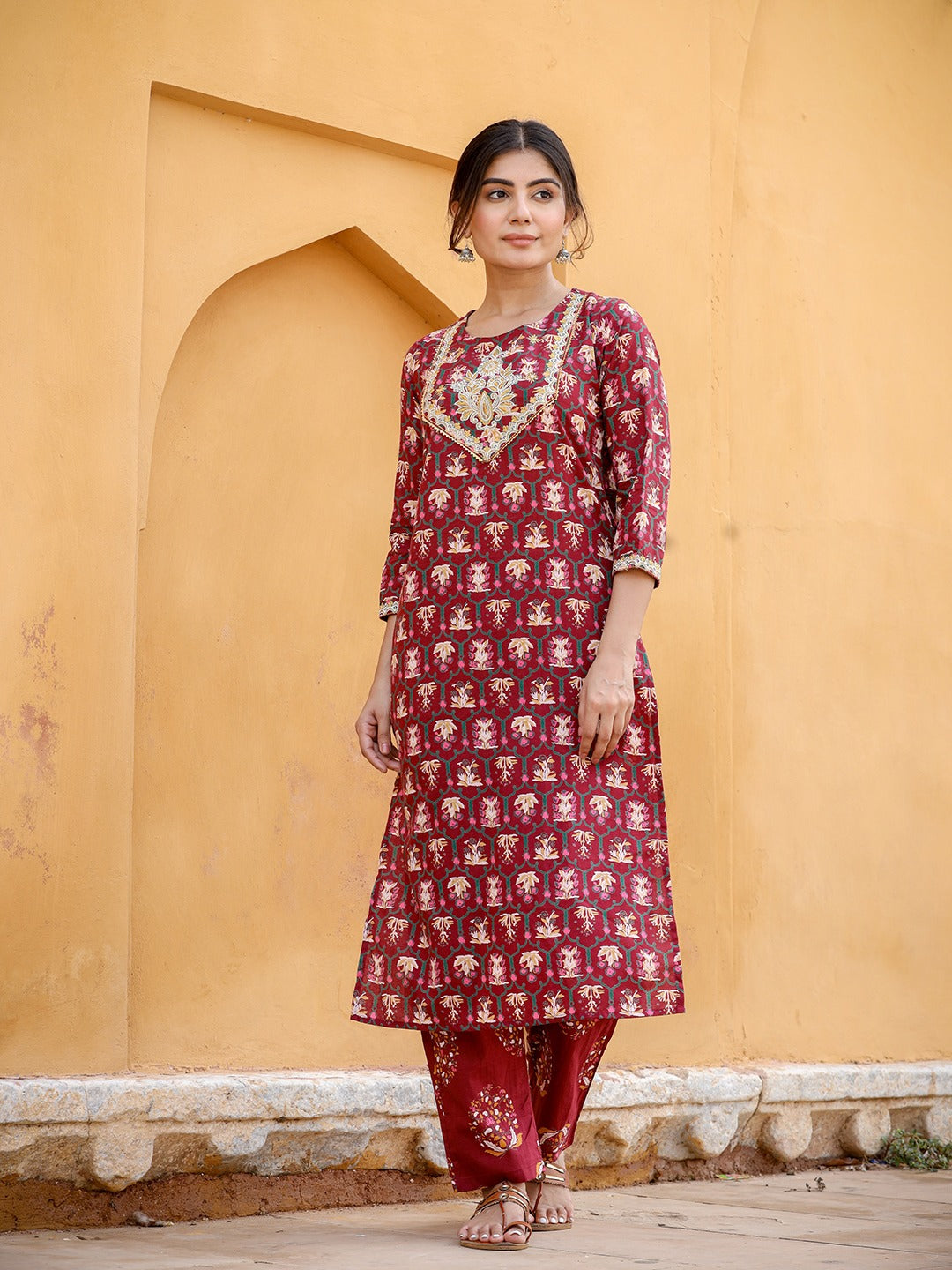 Maroon Ethnic Motifs Printed Kurta Set