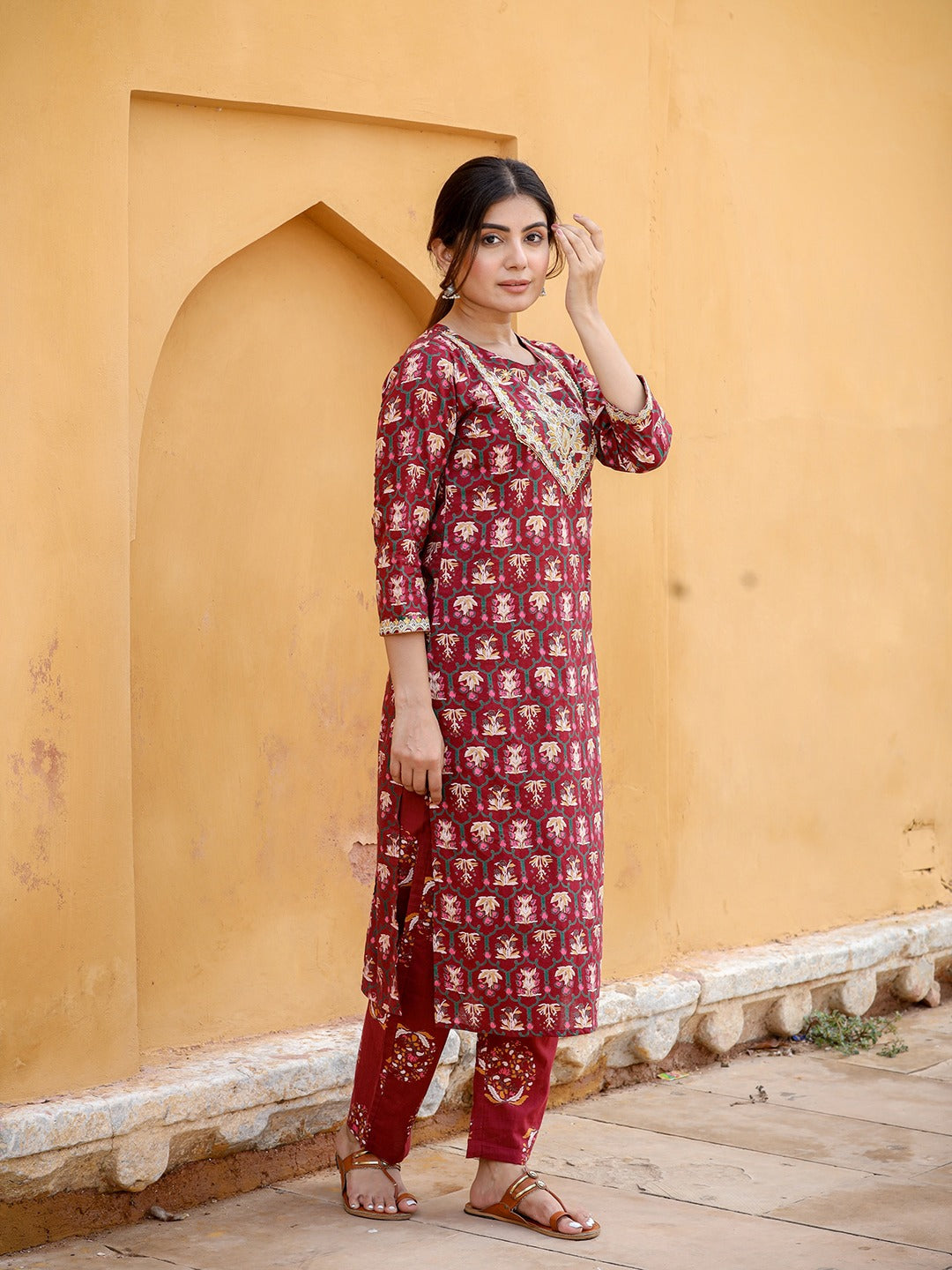 Maroon Ethnic Motifs Printed Kurta Set