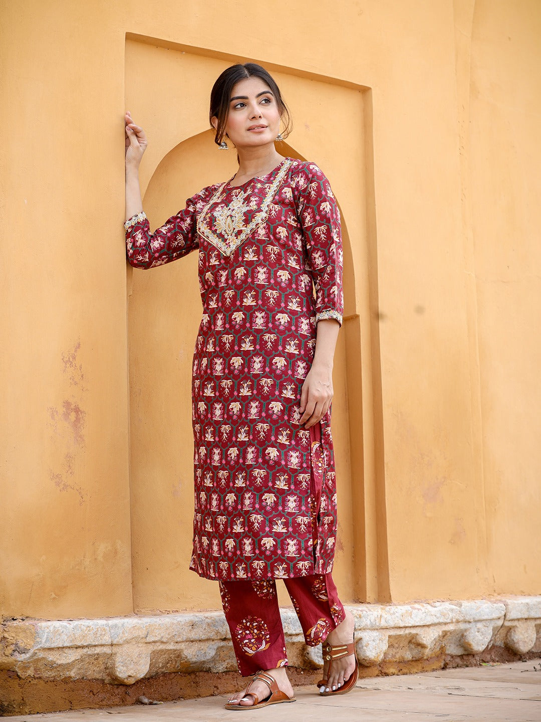 Maroon Ethnic Motifs Printed Kurta Set