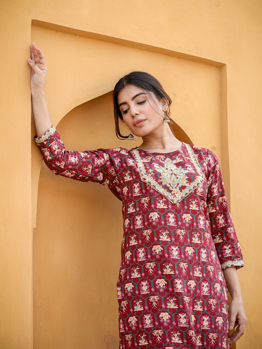 Maroon Ethnic Motifs Printed Kurta Set