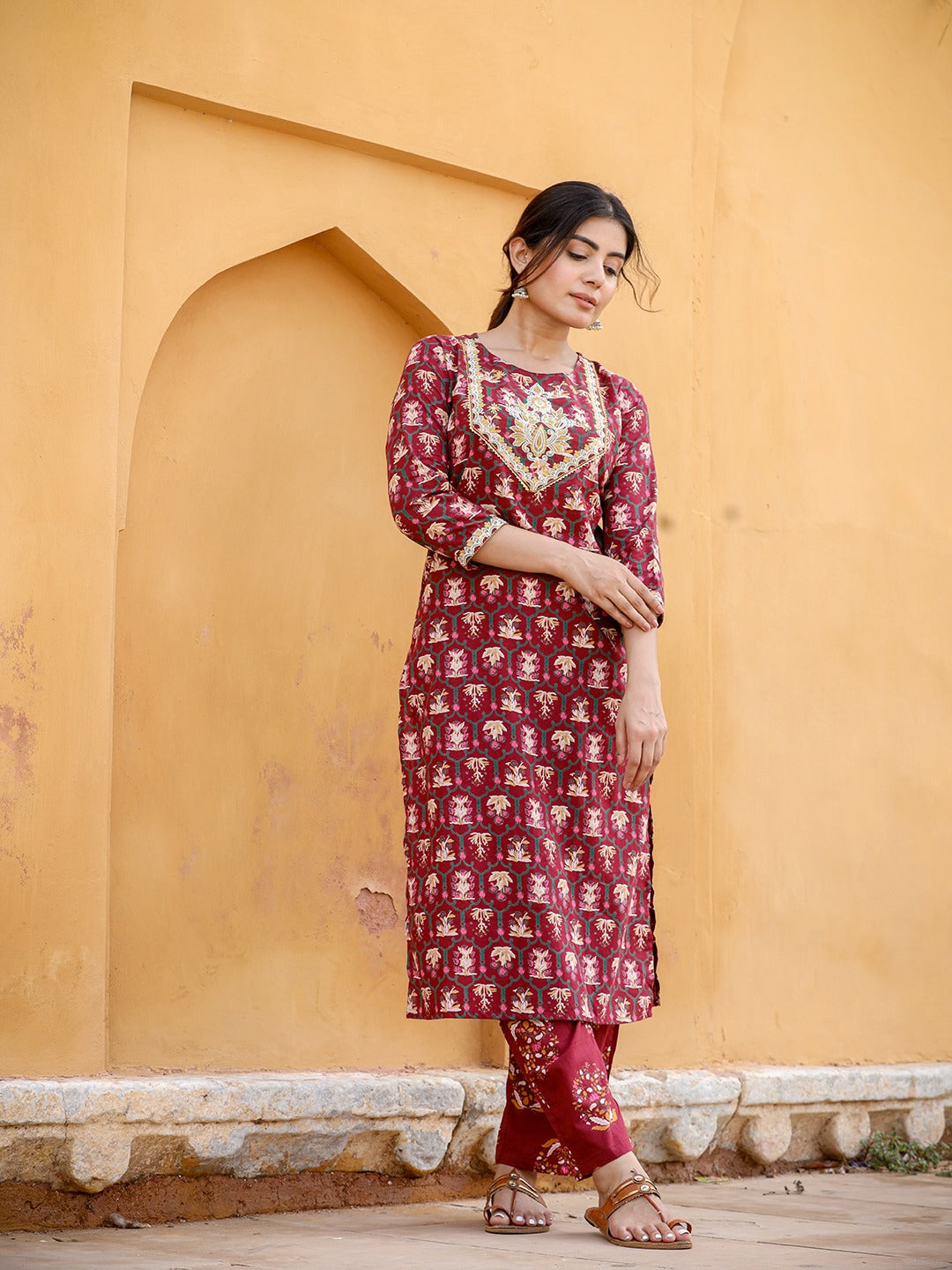 Maroon Ethnic Motifs Printed Kurta Set