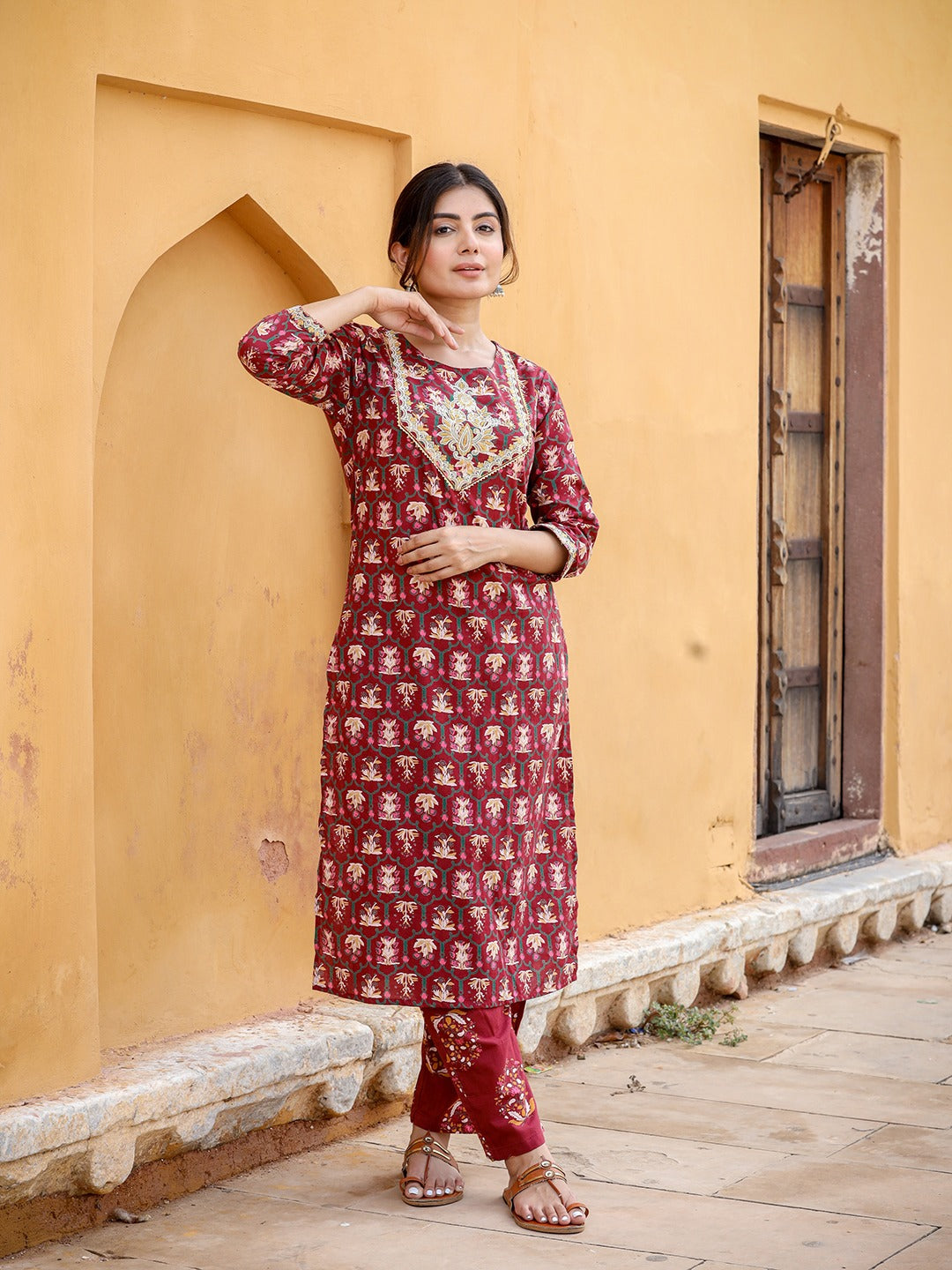 Maroon Ethnic Motifs Printed Kurta Set