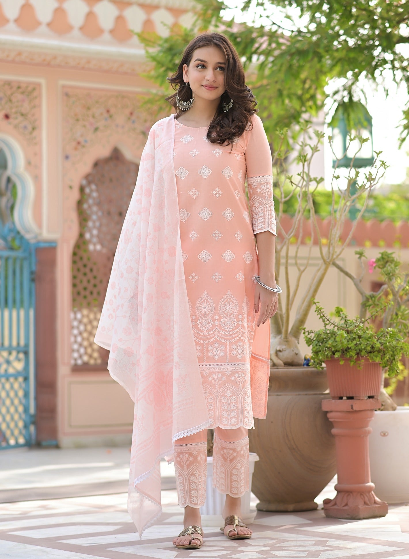 Peach Embroidered Dupatta Set 2